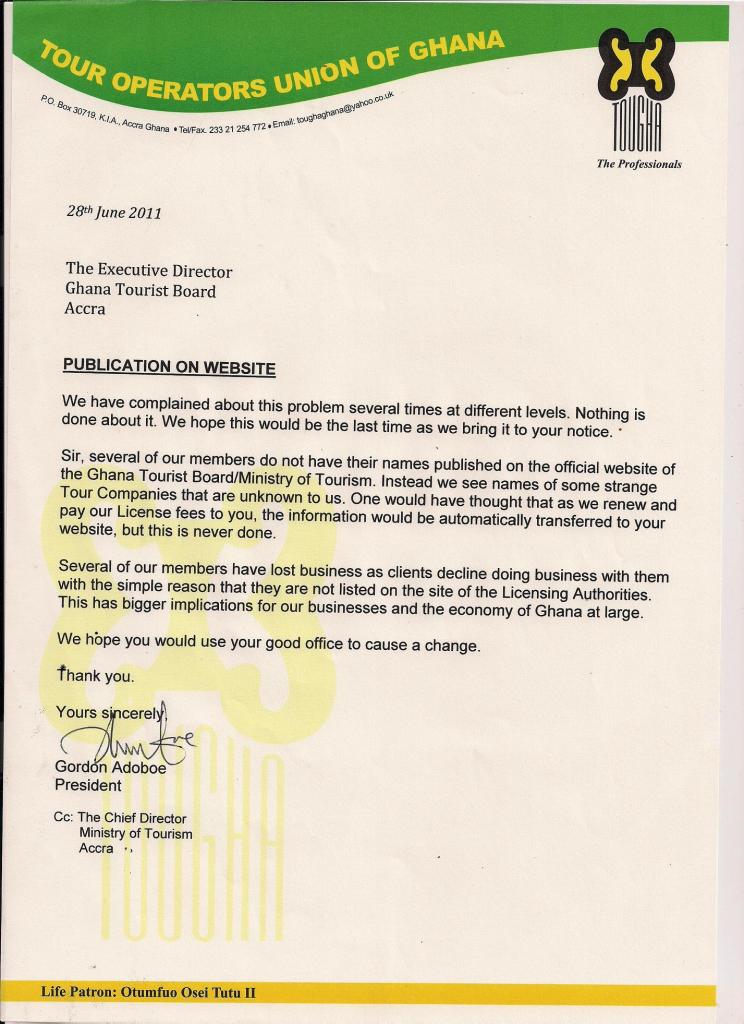 Letter from TOUGHA to GTB