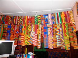 Kente cloth strips hanging