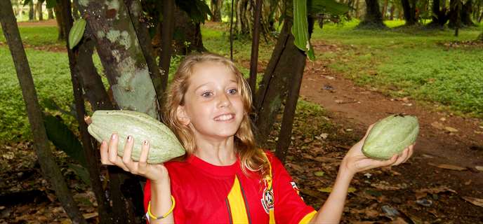 young girl holding 2 cocoa pods