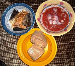 Omelet with fish, Kenkey, Red pepper